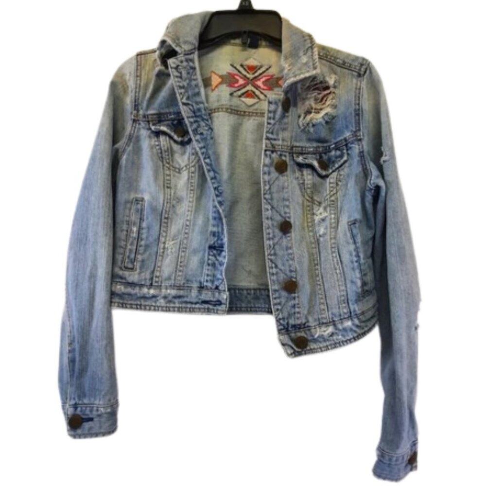 American Eagle Southwestern western embroidered denim jacket size Small